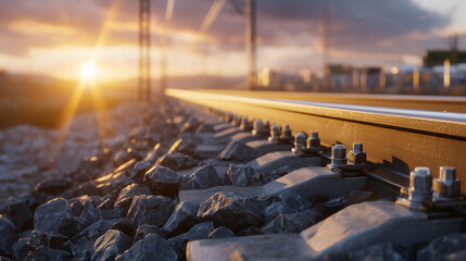 Close-up of a railroad switch illuminated by warm soft light, intricate metal mechanisms and bolts in sharp focus, gravel and track details surrounding it, serene early sunrise glo