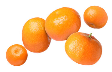 Fresh juicy tangerines flying in air on white background