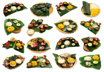 Banana leaves used for serving food. Collection of different dishes isolated on white