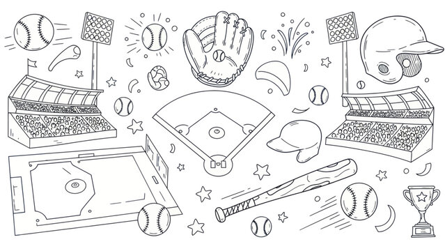 Baseball equipment illustration bats balls gloves helmets stadiums and more