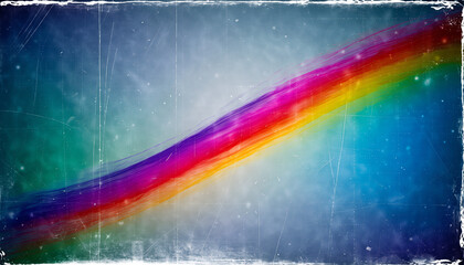A vibrant, diagonal rainbow streak with a grunge texture and subtle speckles on a blue background.