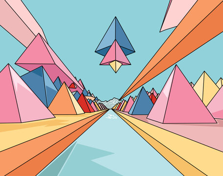 Surreal Panoramic Landscape Background with Geometric 3d Style Shapes. Dreamlike Multicolor Minimal Wallpaper of Fantastic Hills and Water Path Reflections in Clear Light Blue sky