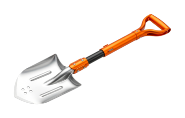 Modern orange and silver collapsible camping shovel tool with an ergonomic handle, designed for outdoor adventures and utility work.