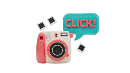 Retro instant camera with coral pink and cream exterior and a speech bubble saying Click surrounded by floating instant photos on a transparent background ideal for photography themes