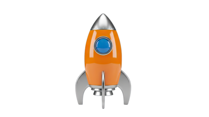 Retro Orange Rocket Ship with Blue Window and Silver Fins on Transparent Background Detailed 3D Render