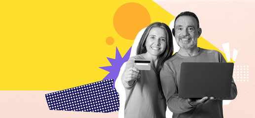 A cheerful couple stands together, smiling while holding a credit card and a laptop. Colorful shapes and patterns create a vibrant background. Their shared joy reflects their shopping experience.