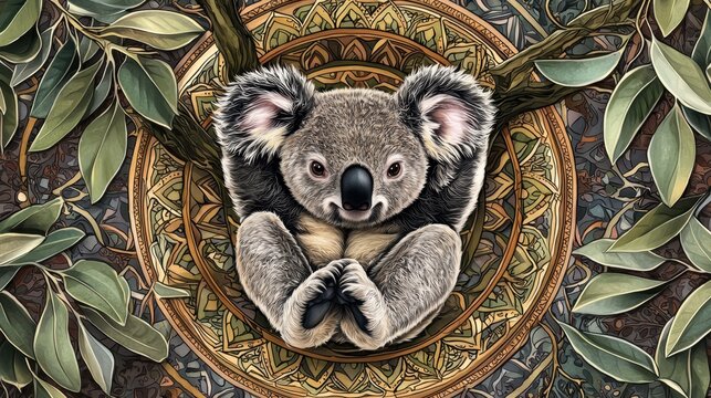 Koala resting on a tree branch surrounded by green leaves in a natural setting during daylight hours - Powered by Adobe