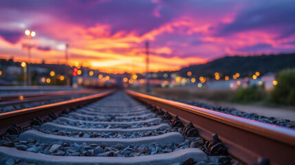 Railroad tracks illuminated by fiery sunset colors, polished steel reflecting warm tones, train blurred in the distant background, dramatic sky with soft clouds enhancing the atmos
