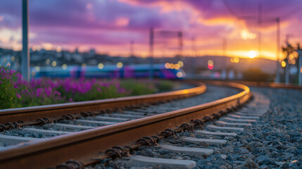 Obraz premium Cinematic sunset over railroad tracks, rails curving slightly toward a train in the background, rich golden and purple hues blending in the sky, peaceful yet dramatic mood