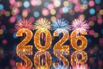 2026 Glitter Numbers with Fireworks and Bokeh