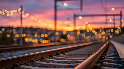 Obraz premium Soft glowing sunset over railway tracks, glowing highlights along metal rails, gentle bokeh of a distant train approaching, sky filled with layered golden, lavender, and coral tone