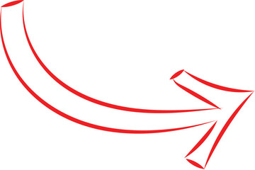 Simple hand drawn red curved arrow pointing down and to the right on white background.