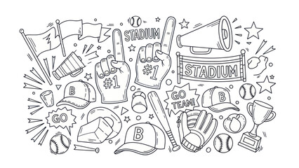 Fototapeta premium Baseball game accessories doodle illustration isolated on white background