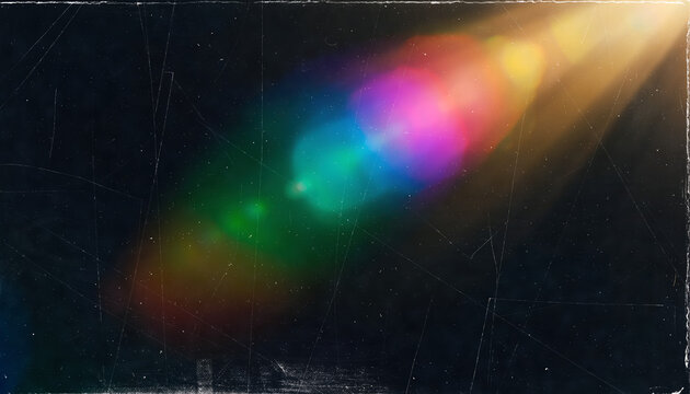 Vibrant rainbow lens flare effect on a dark, textured background with light streaks and grunge overlay. - Powered by Adobe