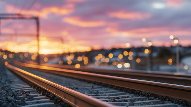 Soft glowing sunset over railway tracks, glowing highlights along metal rails, gentle bokeh of a distant train approaching, sky filled with layered golden, lavender, and coral tone