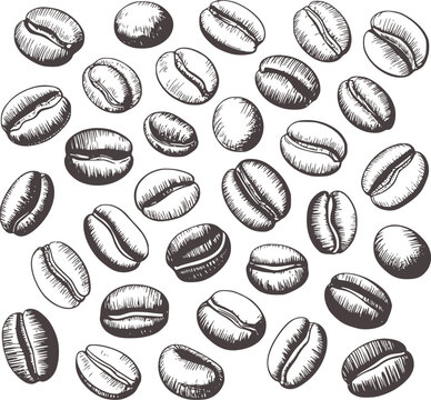 Black and white hand drawn coffee beans scattered pattern