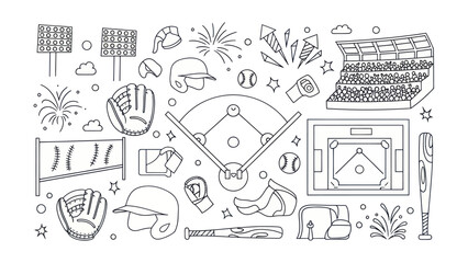 Baseball field elements outline vector illustration for sports themes