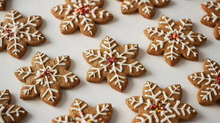 Festive gingerbread snowflake cookies with icing decoration isolated holiday baking decor ideas christmas new year winter holidays