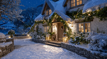 Snow-dusted country cottage sparkling with festive lights, pine garlands and glowing lanterns framing the entrance, soft flakes falling at dusk, creating a heartwarming Christmas a