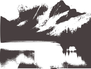 Obraz premium Black and white landscape of snowcapped mountains and reflective lake