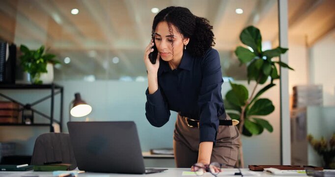 Night, laptop or businesswoman with phone call in office, verify bank transaction or accuracy investigation. Overtime, tech or auditor review account info for evaluation, discussion or report finding