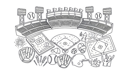 Fototapeta premium Baseball stadium illustration with elements and fans vector design