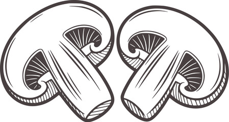 Black and white line of halved mushrooms side by side