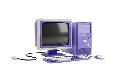 Retro Purple Computer Tower Monitor Keyboard and Mouse on Transparent Background Vintage Technology Gadget