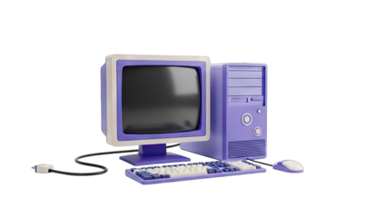Retro Purple Computer Tower Monitor Keyboard and Mouse on Transparent Background Vintage Technology Gadget