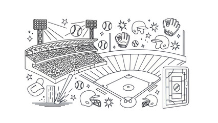 Baseball stadium illustration with field equipment and accessories in line art