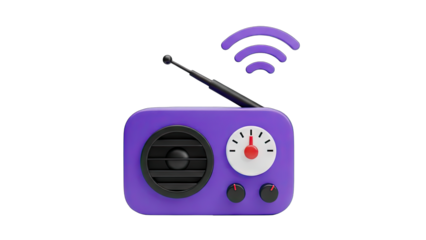 Retro purple radio broadcasting signals with antenna against a stark black background symbolizing communication and entertainment with a vintage aesthetic
