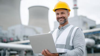 Outdoor view of worker in reflective vest using laptop, cooling towers blurred in background, yellow hard hat standing out in warm sunlight, industrial equipment and piping creatin