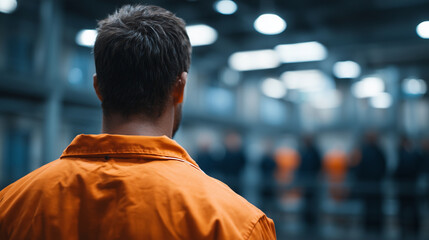 Fototapeta premium Inmate seen from behind in fluorescent-orange jumpsuit, standing alone in steel-gray prison hallway, distant group of blurred inmates creating depth, cold industrial lighting enhan