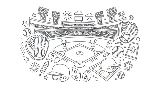 Baseball stadium illustration field equipment and spectator seating