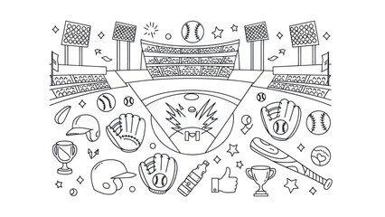 Baseball stadium vector illustration with equipment and symbols in outline style