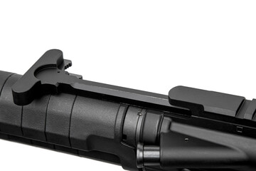 Close-up of a tactical rifle's charging handle