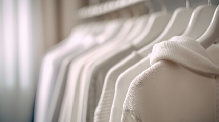 White clothing on hangers in a shop during daylight near a window. Cloud Dancer Pantone color of the year 2026