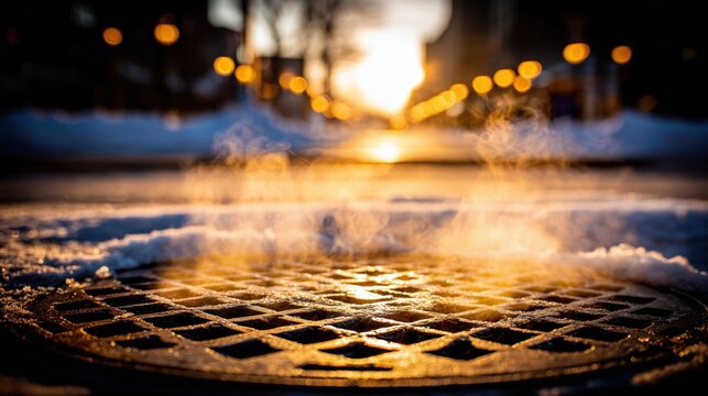 Warm steam rising from a round metal manhole cover on a city street
