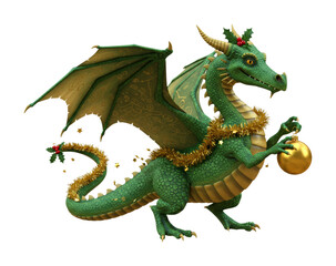 Obraz premium Green dragon celebrates Christmas with festive decorations, adorned with golden tinsel and holly, happily holding a shiny gold ornament.