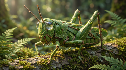 Fototapeta premium Macro Shot of a Grasshopper Woven from Green Leaves with Dewdrop Eyes in a Forest