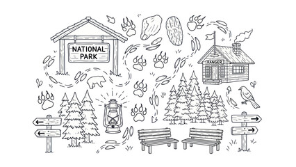 Black and white national park illustration with trees cabin and signage