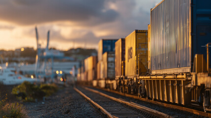 Fototapeta premium Close perspective of a freight train loaded with colorful cargo containers, sunset light enhancing shadows and reflections, rails leading toward horizon, industrial depth captured