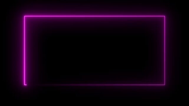 Glowing neon rectangle frame icon animation on black background. Rectangle photo frame with neon color motion graphic.