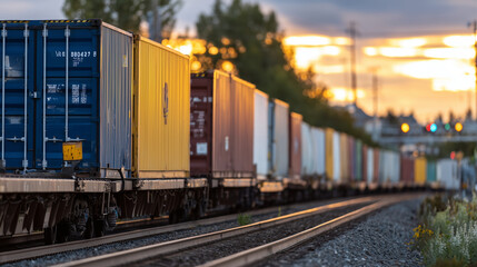 Fototapeta premium Freight train with colorful containers moving during sunset, close-up view emphasizing container surfaces and reflections, rails and gravel visible, dramatic golden light enhancing