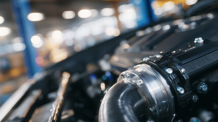 Close-up of car engine interior, shiny bolts, pipes, and mechanical parts captured in detail, subtle shadows and highlights emphasizing textures, realistic garage environment