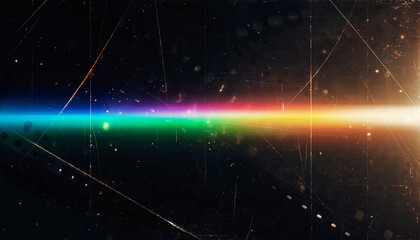 Vibrant rainbow light beam with lens flare effect across a dark, textured background, creating an abstract and dynamic visual.