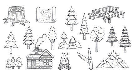 Fototapeta premium Black and white vector illustrations of camping and outdoor elements