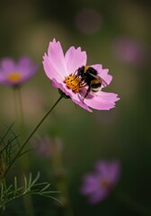 A furry bumblebee collects nectar and pollen from a vibrant pink spring flower blossom in a sunny garden field, demonstrating pollination, fuzzy, wings, season