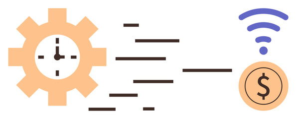 Gear with clock, lines showing motion, wireless symbol, and coin with dollar sign. Ideal for technology, efficiency, automation, productivity innovation time management and finance. Simple flat