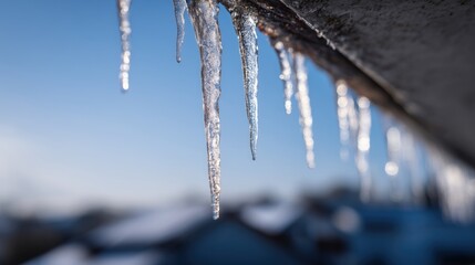 Sunlight glints off long clear icicles with blurred rooftops below